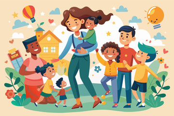 a woman holding a child and a group of children