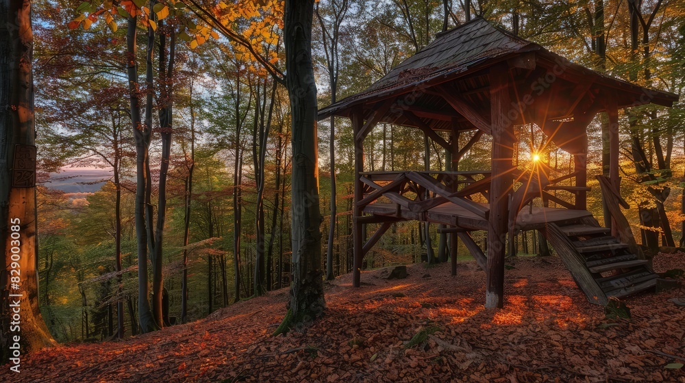 Poster a rustic gazebo perched on the edge of a forest, with a view of the setting sun through the dense tr