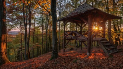 A rustic gazebo perched on the edge of a forest, with a view of the setting sun through the dense trees, and a carpet of fallen leaves around.