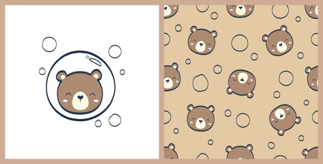 Cute head bear graphic and seamless pattern set. Cartoon animal background. For fabric, textile, wallpaper, wrapping, apparel design. vector illustration