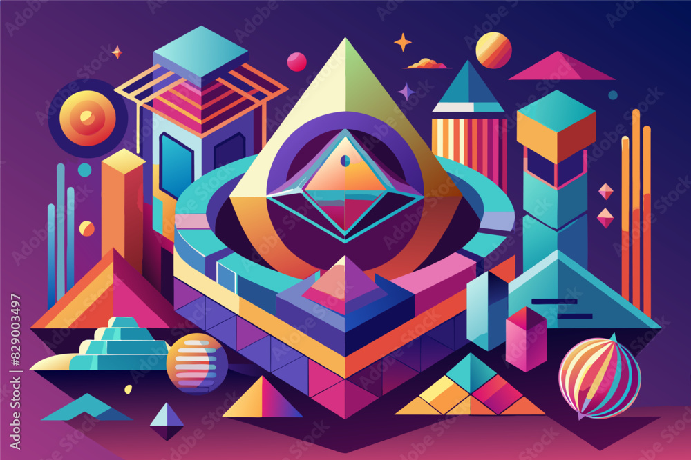 Poster a colorful geometric design with a pyramid and other objects