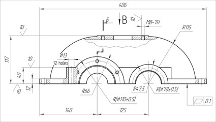 Assembly drawing of reducer cover.
Vector drawing of steel mechanical detail with
 bolted connection and dimension lines.
Engineering cad scheme. Technical template. 
Cross section.
