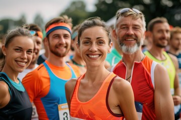 Group of diverse runners smiling at a marathon event.