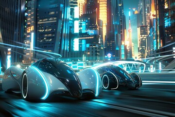 Two futuristic cars having a race in a city.