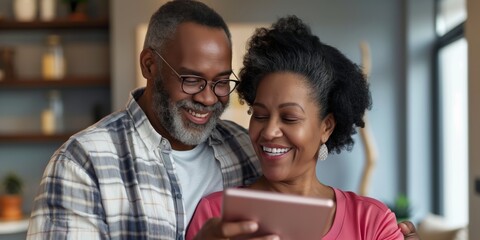 Affectionate middle-aged couple sharing a moment over a smartphone at home