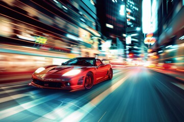 Fototapeta premium A fast sportscar racing in a city with motion blur showing the speed.