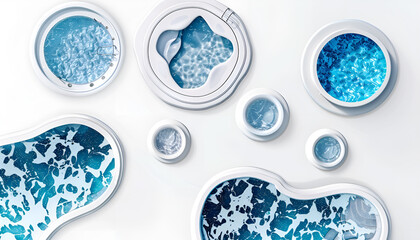 Set with swimming pools of different shapes on white background, top view. Banner design