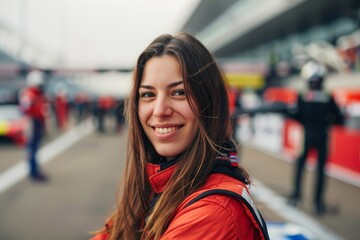 An attractive female race driver in the pit lane at a car race.