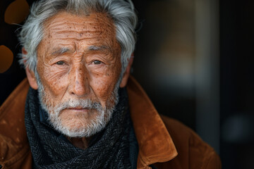 Asian 60-70 years old man in brown jacket with grey hair against blurred background with copy space