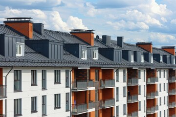 Obraz premium Apartment Building Roof. New Town Home with High Roof in Suburban City Area