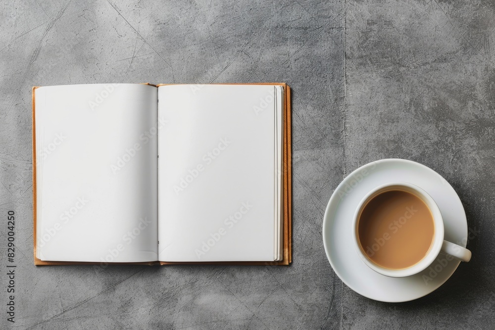 Poster book mockups. top view magazine template on gray table with blank notepad on solid background