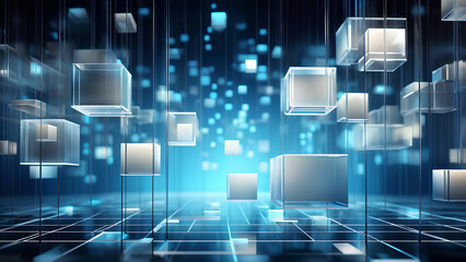 a modern digital abstract 3D background with floating semi-transparent cubes of varying sizes, predominantly in shades of blue and white.