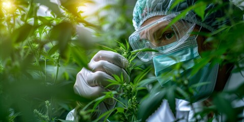 Scientist Examining Plants in Laboratory. Scientist wearing protective gear, closely examining plants in a laboratory setting, highlighting scientific research and botanical studies.
