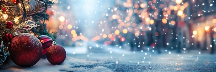 An enchanting scene with closeup of Christmas baubles, golden lights, and snow on a festive background