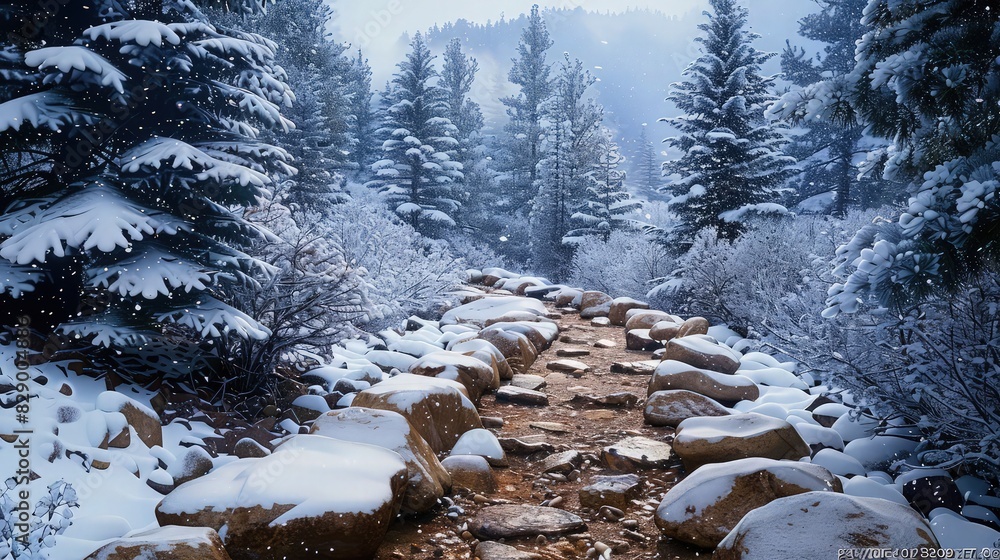 Poster a serene rocky path through a snowy landscape, flanked by snow-covered pine trees and the path light