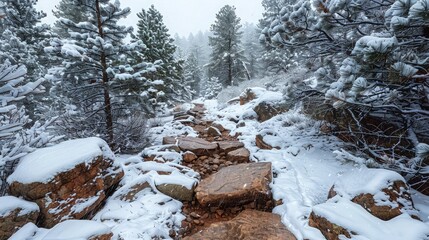 A serene rocky path through a snowy landscape, flanked by snow-covered pine trees and the path lightly dusted with fresh snowfall.