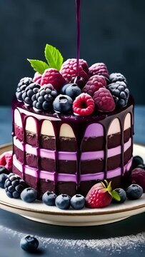Deliciosa tarta giratoria con exuberantes moras y salsa de cereza derramada 