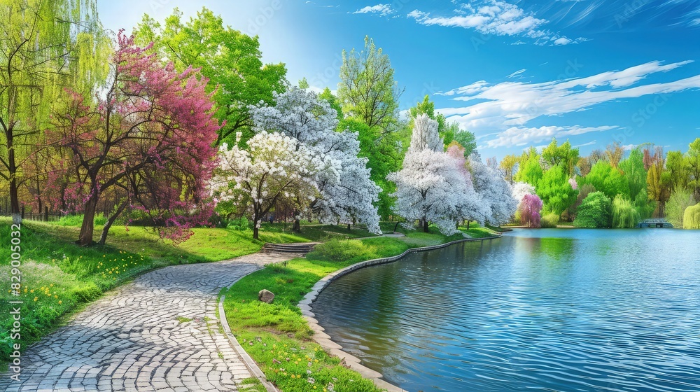 Poster a serene spring scene in a park with a lake surrounded by blossoming trees in multiple shades of gre