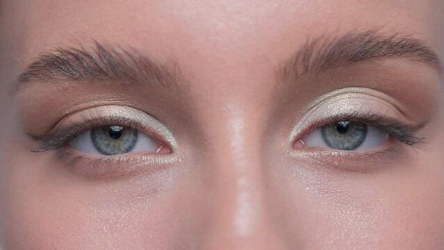 Beautiful woman with long eyelashes, beautiful make-up and thick eyebrows. Professional makeup and cosmetology skin care.