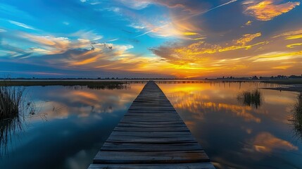 A serene sunset casting golden hues over a tranquil wooden boardwalk in Ciudad Real, Spain, with...