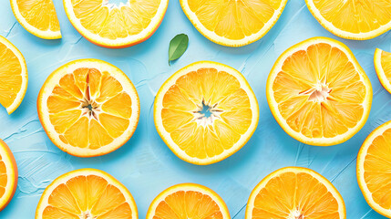 Fresh and vibrant orange slices arranged on a blue background, showcasing their juicy and colorful texture