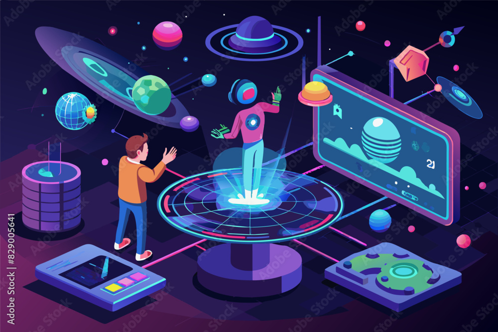 Poster a man standing in front of a computer screen with a spaceship on it, An individual is positioned in front of a computer monitor displaying an image of a spaceship.