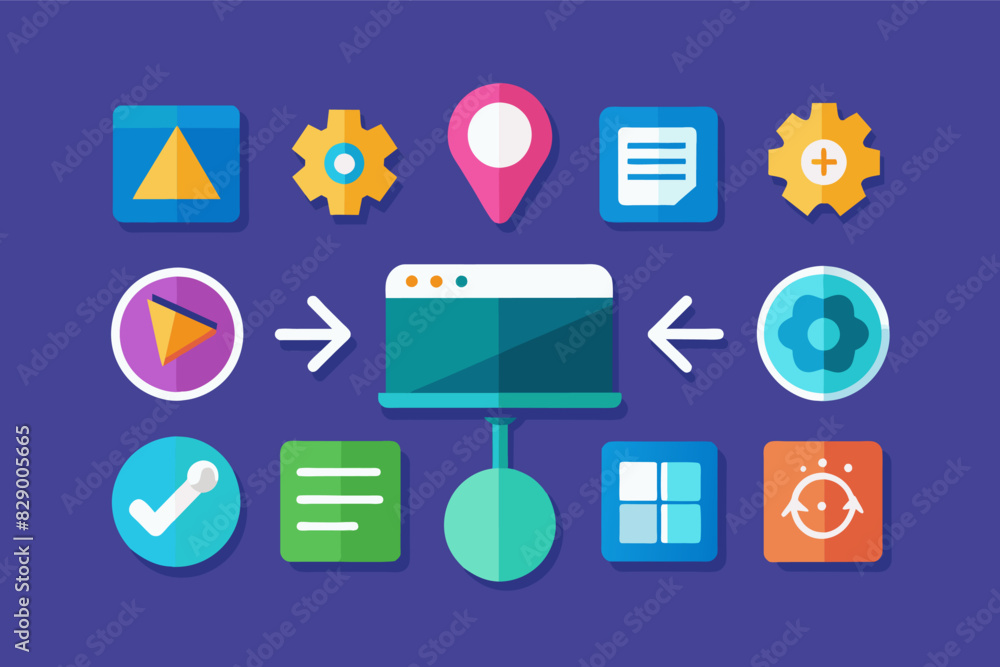 Poster a bunch of different icons on a purple background, several diverse icons displayed against a purple 