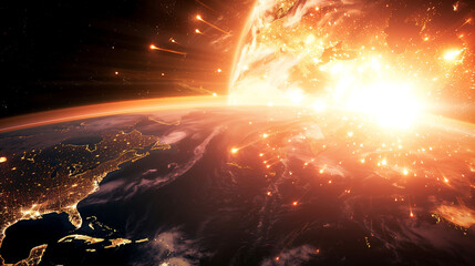 Dramatic depiction of Earth being struck by a massive solar flare, with intense light and cosmic energy