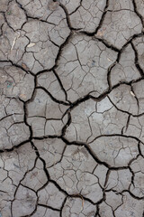 Close-up top view of dry dark grey cracked clay land surface in a summer day. Abstract weather background. Soft focus. Copy space. Drought and climate change theme.