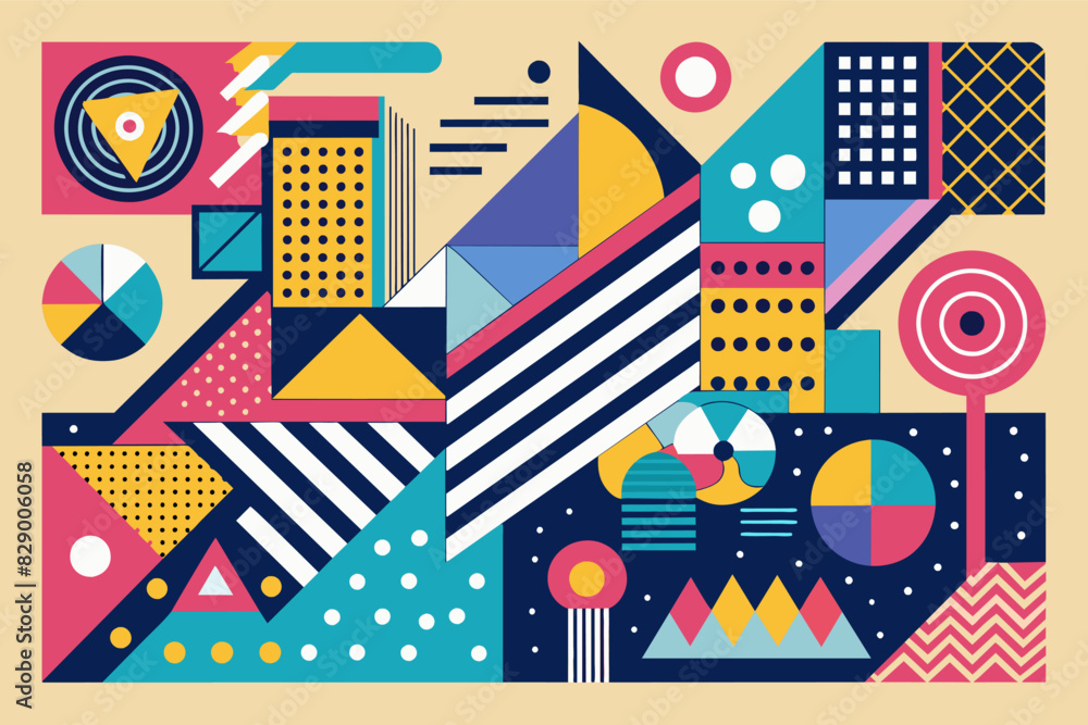 Aufkleber a colorful poster with geometric shapes, Create a vibrant poster featuring a variety of geometric shapes.
