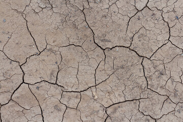 Close-up top view of dry brown cracked clay land surface in a summer day. Abstract weather background. Soft focus. Copy space. Drought and climate change theme.