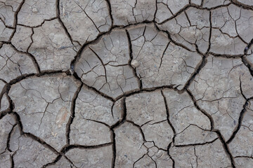 Close-up top view of dry dark grey cracked clay land surface in a summer day. Abstract weather background. Soft focus. Copy space. Drought and climate change theme.