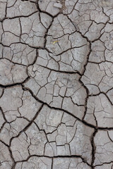 Close-up top view of dry dark grey cracked clay land surface in a summer day. Abstract weather background. Soft focus. Copy space. Drought and climate change theme.