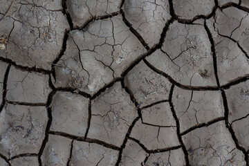 Close-up top view of dry dark grey cracked clay land surface in a summer day. Abstract weather background. Soft focus. Copy space. Drought and climate change theme.