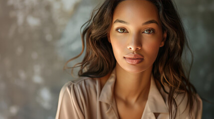 Naklejka premium Digital influencer woman posing a portrait on social media, with soft and natural makeup