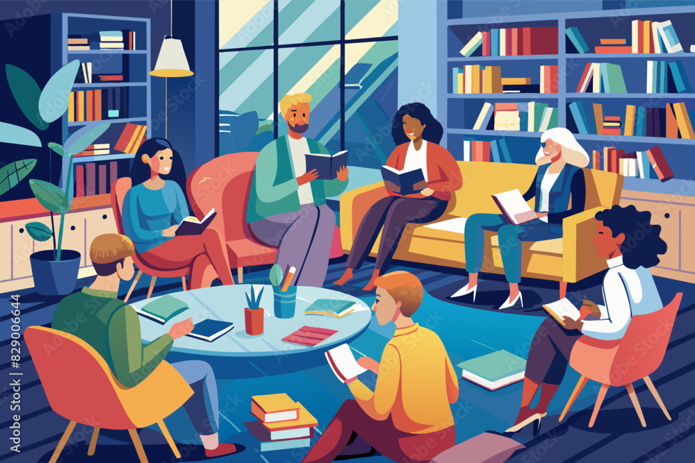 Poster a group of people sitting around a table in a library, a cluster of individuals gathered at a table 