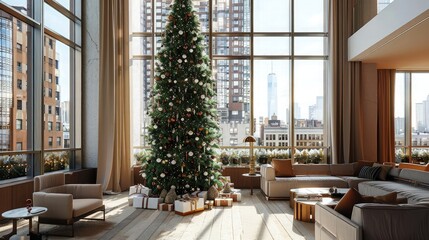 A sophisticated living room featuring a tall, narrow Christmas tree flanked by large windows with city views, modern seating arrangements, and chic holiday accents.