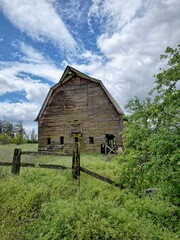 Obraz premium Old barn behind a wooden fence.