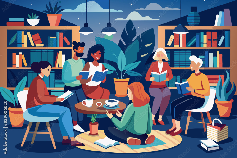 Aufkleber a group of people sitting around a table in a library, a cluster of individuals gathered at a table 