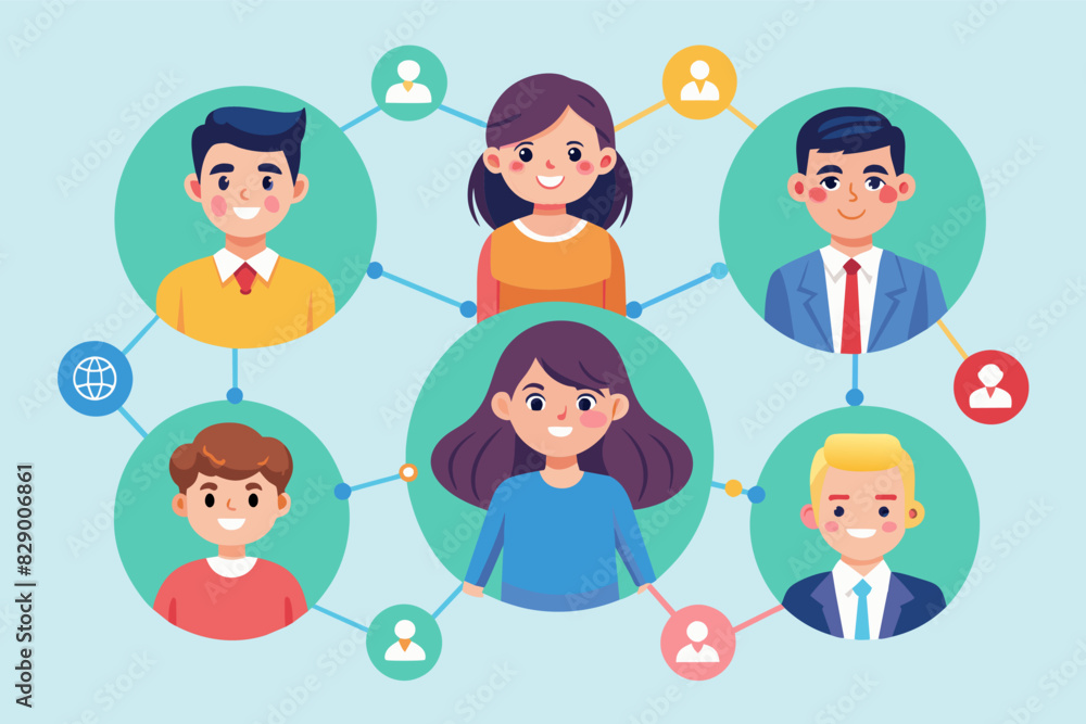 Poster a group of people connected by circles, a collection of individuals linked together through intercon