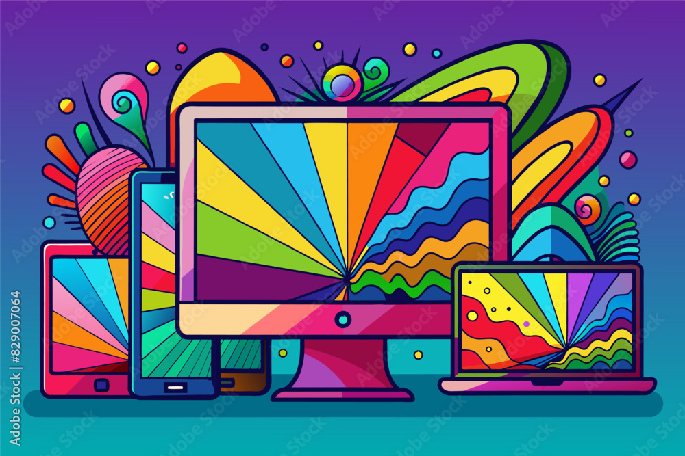 Poster a colorful computer and tablet with a colorful background, An aesthetically pleasing computer and tablet placed against a vibrant backdrop.