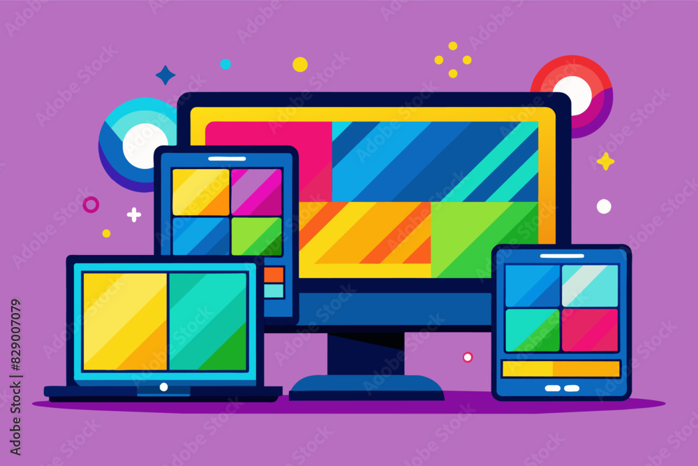 Poster a colorful computer and tablet with a colorful background, An aesthetically pleasing computer and tablet placed against a vibrant backdrop.
