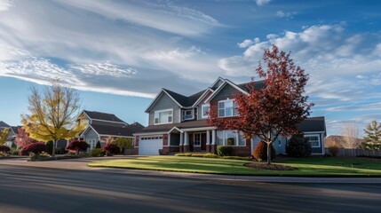 House In Neighborhood. Suburban Home in Spring North America Suburb