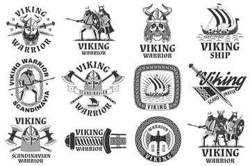 Set of viking warrior logos, badges, stickers. Vector illustration. For emblems, labels and patch. Monochrome style viking in helmet with crossed battle sword, axe, spear and round shield