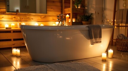 A peaceful bathroom decor featuring a white standalone bathtub encircled by glowing candles enhancing a calming atmosphere Additionally there is a wooden cabinet adding to the room s eleganc