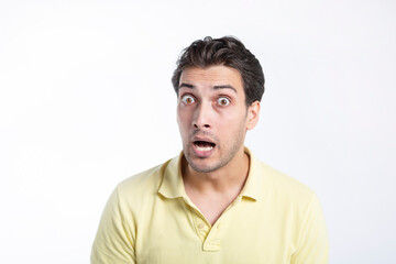 Fototapeta premium Close up portrait of funny stressed man isolated on white background 