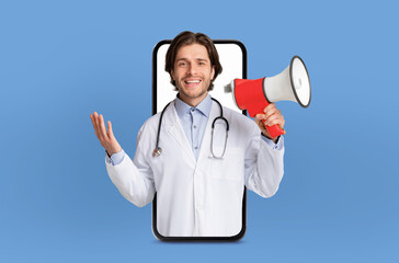 A cheerful doctor with a stethoscope around his neck and a white coat appears to be emerging from a...
