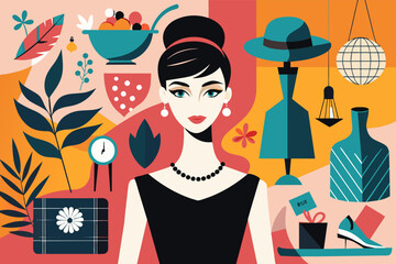 a woman in a black dress surrounded by various objects, a woman in a black dress surrounded by various objects