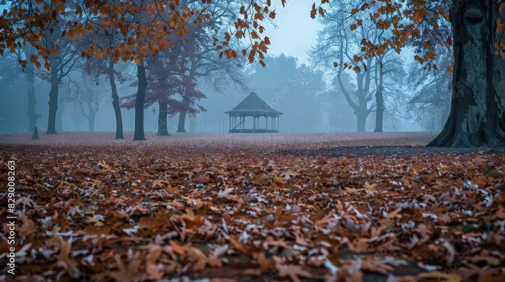 Poster a subdued autumn park landscape with a carpet of leaves, and a distant pavilion barely visible throu