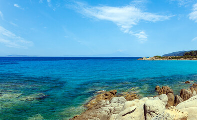 Aegean sea coast landscape, view near Karidi beach (Chalkidiki, Greece). Two shots stitch panorama.